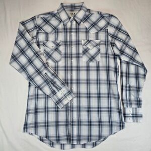 Ely‎ Cattleman Mens Blue White Plaid Western Pearl Snap Shirt Tall LT 15202907TL